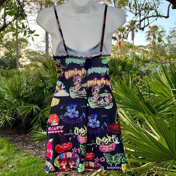 Omighty Logomania Black Mini Dress Size S Stretch Tattoo Sexy Sheer Straps Layer - Picture 5 of 17